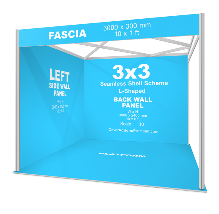 3x3 Seamless Corner Shell Scheme Booth Mockup- L shaped