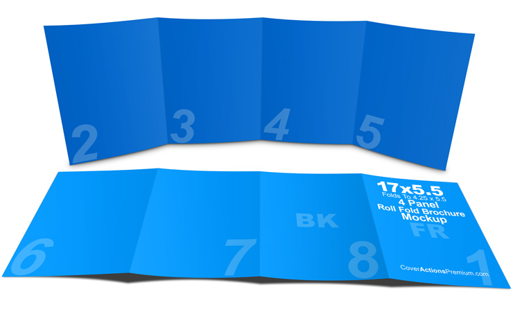 4 Panel Roll Fold Brochure Mockup- 17 x 5.5