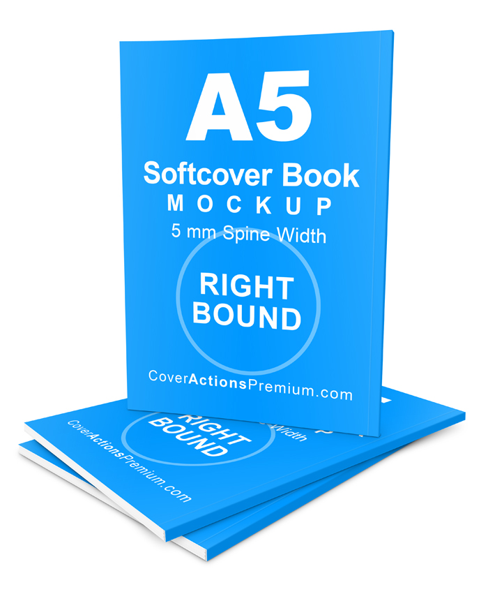 a5 right-bound book mockup- softcover- slim thin 5mm Spine Width- stacked book