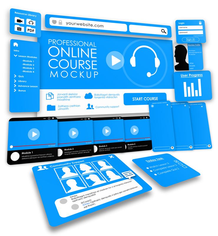 Online course mockup featuring a digital course dashboard UI