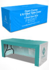6 ft open corner table cover mockup with open back, realistic fitted fabric drape, front and side branding view for trade show booth display
